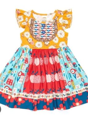 Wildflowers Girls Multi-Print Flutter Sleeve Dress - Yellow, Red, Blue, Aqua